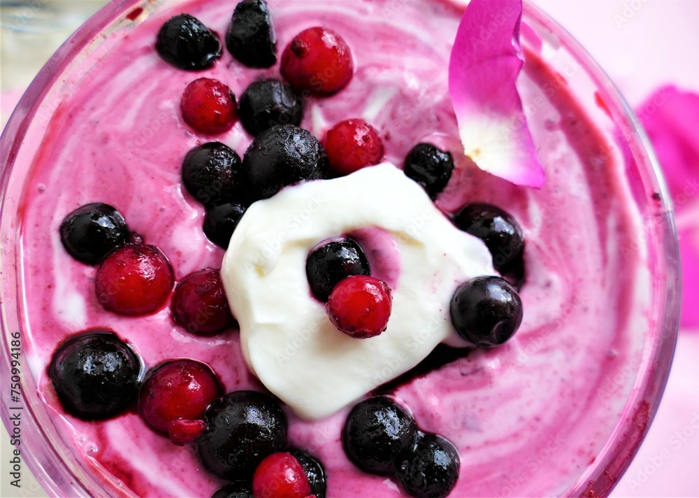 Red berries and fruit cream desert background Red berries and fruit cream desert background