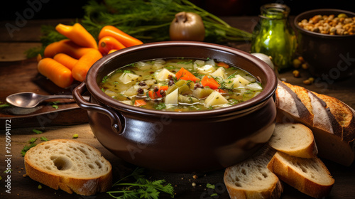 Cozy winter evening with a steaming bowl of hearty soup