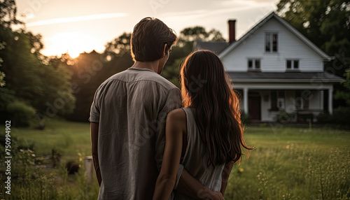 Rear view of a man and a woman standing in front of a house and embracing.