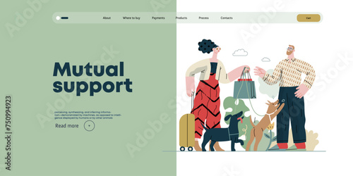 Mutual Support: Pet-sitting -modern flat vector concept illustration of a woman going on vacation leaving her dogs with neighbor. A metaphor of voluntary, collaborative exchanges of resource, services