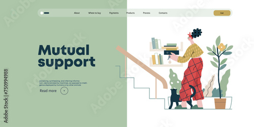 Mutual Support: Book Swap -modern flat vector concept illustration of a woman leaving books on a shelf in hallway for neighbors A metaphor of voluntary, collaborative exchanges of resource, services