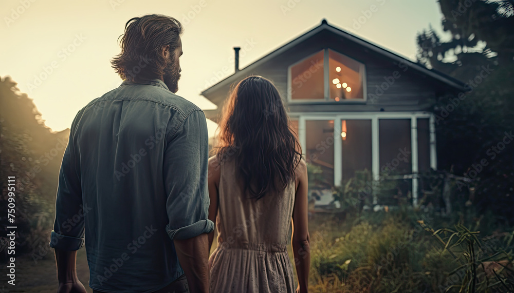 Rear view of a man and a woman standing in front of a house and embracing. Rear view of a man and a woman standing in front of a house and embracing.