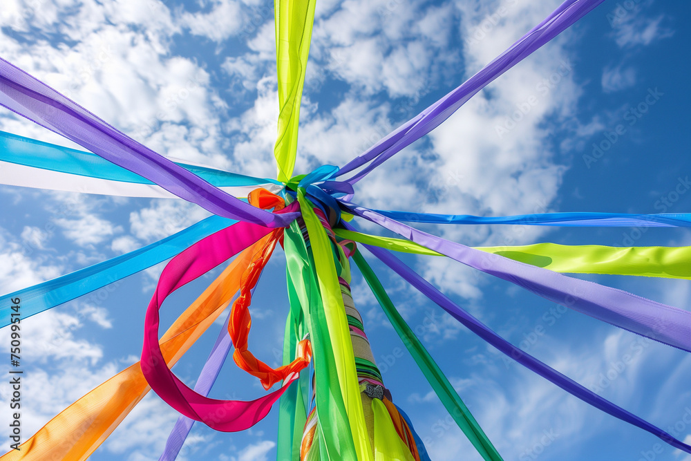 A spectrum of colorful ribbons intertwined around the Maypole, symbolizing the vibrant renewal of nature in spring