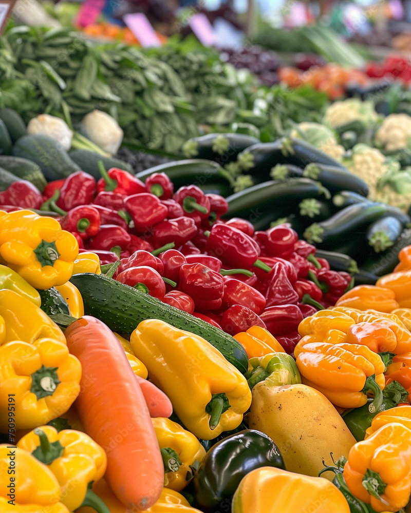 A close-up shot of fresh, locally grown produce arranged in a vibrant display at the market
