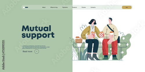 Mutual Support: Share food -modern flat vector concept illustration of woman offering half of her lunch to colleague in the park. A metaphor of voluntary, collaborative exchanges of resource, services