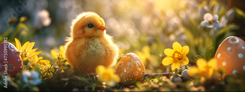 Little chicken on spring meadow with colorful easter eggs. Yellow bird on spring sunny field. Easter concept. Banner or card with cute chick 
