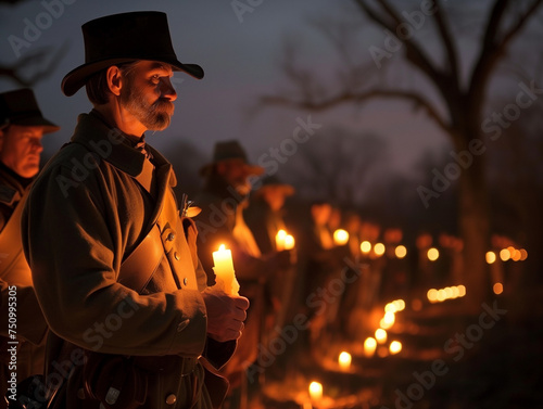 A Civil War reenactment, as soldiers pause to reflect and pay tribute to fallen comrades in a solemn candlelit ceremony