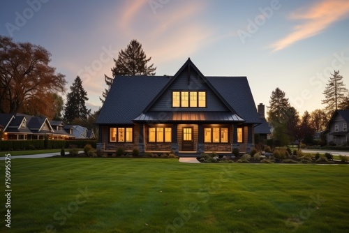 Modern framed wooden house on the green lawn in village at sunset