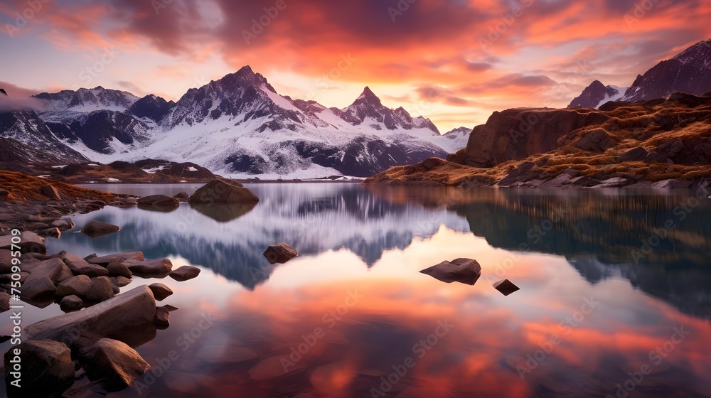 Mountain lake panorama at sunset with reflection in water, Switzerland