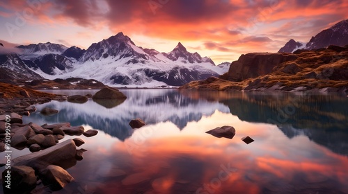 Mountain lake panorama at sunset with reflection in water  Switzerland