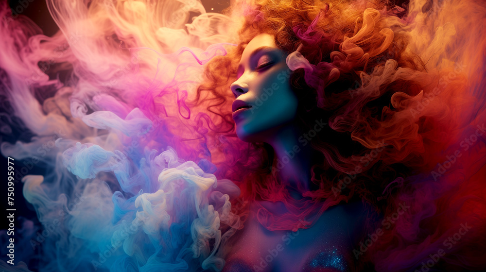 Painting of aa Woman with Long Hair, Colorful Digital Painting, Psychedelic Dream, Hallucination
