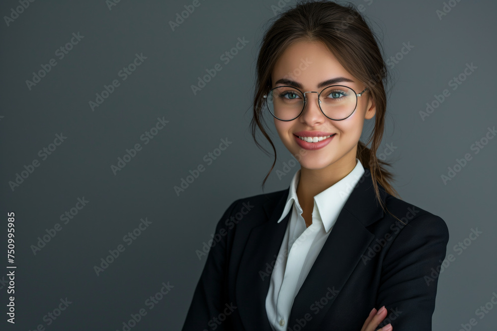 Smiling businesswoman in glasses and formal attire exuding confidence and professionalism. Smiling businesswoman in glasses and formal attire exuding confidence and professionalism.