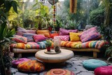 Bohemian Rock Garden Oasis: Vibrant Cushions & Textile Rugs