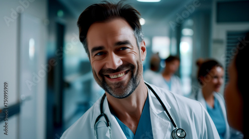 Happy Doctor with Stethoscope in Hospital, Staff in Background with Staff