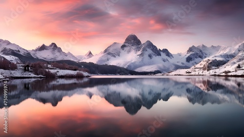 Beautiful panoramic landscape of snowy mountains reflected in water at sunset