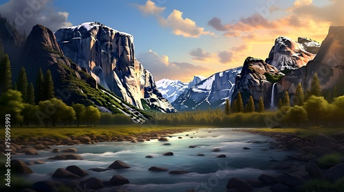 Beautiful panoramic view of the mountains and river at sunset