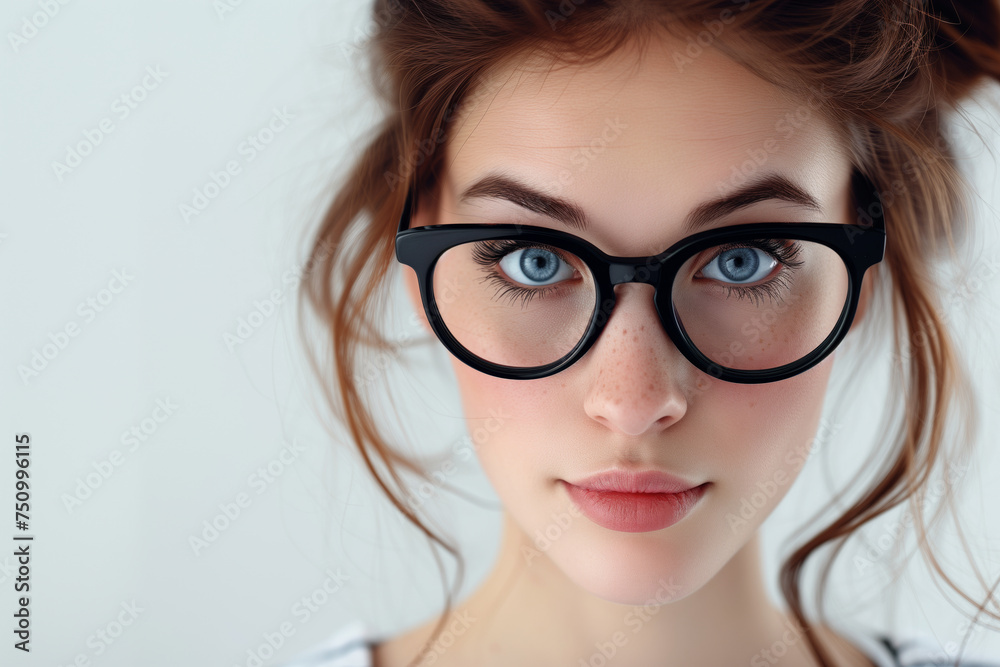 Portrait of a young female with striking blue eyes and round glasses, highlighted by freckles and a soft natural look.