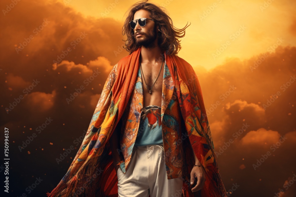 Fototapeta premium Illustration of male fashion model wearing bohemian outfit