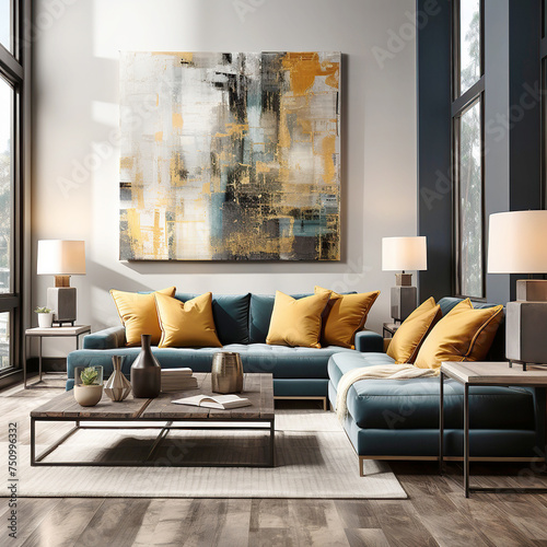 Blue sofa with yellow pillows and art poster. Hollywood glam home interior design of modern living room.