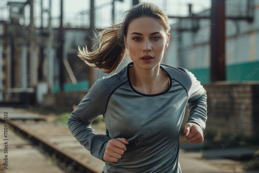 Young woman jogging in a grey athletic shirt, her hair streaming behind her, conveying movement and vitality.