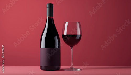 Close up of bottle and glass of red wine on an aesthetic minimal composition red background 