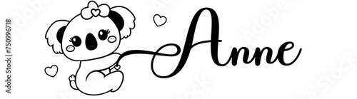 Anne - black color - name written - Word with Koala kawaii for websites, baby shower, greetings, banners, cards,, t-shirt, sweatshirt, prints, cricut, silhouette, sublimation 