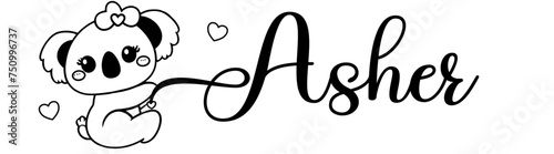 Asher - black color - name written - Word with Koala kawaii for websites, baby shower, greetings, banners, cards,, t-shirt, sweatshirt, prints, cricut, silhouette, sublimation	