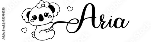 Aria  - black color - name written - Word with Koala kawaii for websites, baby shower, greetings, banners, cards,, t-shirt, sweatshirt, prints, cricut, silhouette, sublimation	