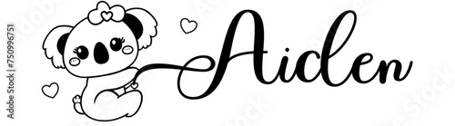 Aiden - black color - name written - Word with Koala kawaii for websites, baby shower, greetings, banners, cards,, t-shirt, sweatshirt, prints, cricut, silhouette, sublimation	