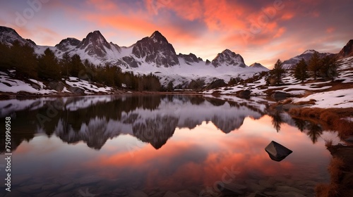 Beautiful panorama of a mountain lake with reflection of the mountains at sunset