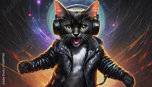 ヘッドフォンで音楽を聴く猫 AI画像 ジェネレーティブAI