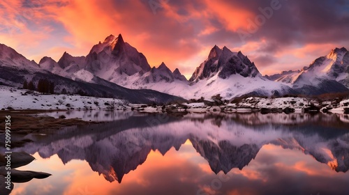 Beautiful panoramic view of snowy mountains reflected in lake at sunset