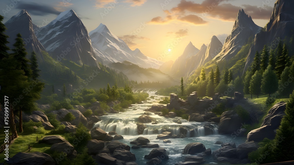 Panoramic view of a mountain river flowing through the forest at sunset