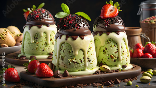 pistachio ice cream with chocolate sprinkles, strawberries on the table, rustic style photo