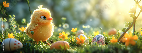 Little chicken on spring meadow with colorful easter eggs. Yellow bird on spring sunny field. Easter concept. Banner or card with cute chick  photo