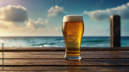 A cold glass of beer on wooden table on background of sea photo