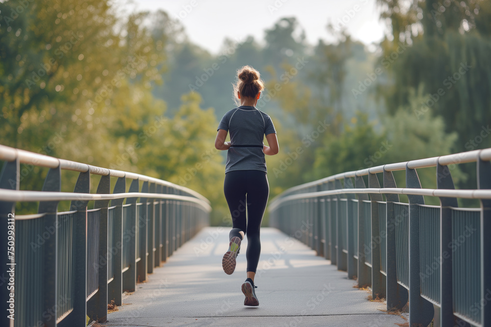 Back view of a female runner in sportswear on a pedestrian bridge, illustrating a commitment to fitness amidst a natural morning setting. - obrazy, fototapety, plakaty 