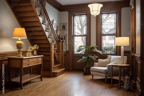 Dutch-inspired Brownstone Entryway: Classic Wooden Floor and Lamp Design © Michael