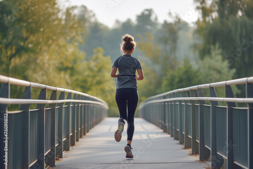 Back view of a female runner in sportswear on a pedestrian bridge, illustrating a commitment to fitness amidst a natural morning setting. photo
