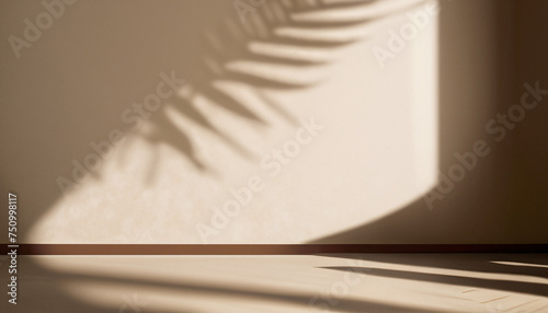Beige Flooring and Walls in Sunlit Room with Leaf Shadows as Background for Product Presentation; minimal style; interior studio concept