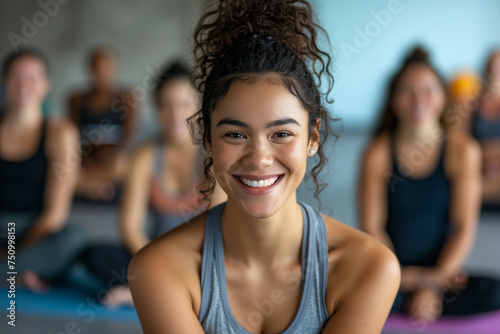Joyful young woman with curly hair smiles brightly during a fitness class, her spirited demeanor enhancing the communal workout experience.
