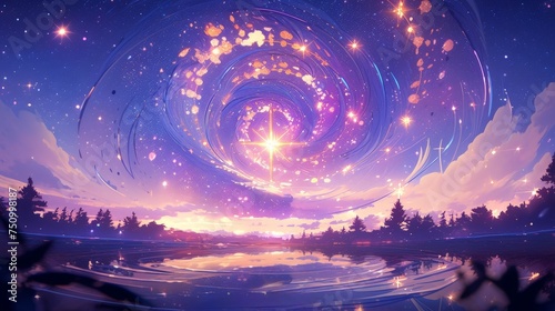 Digital landscape in anime style, with visual effects in the sky and a star in the center of the composition. AI. Digital art with a fantastical and surreal aesthetic.  For banner, wallpaper, prints