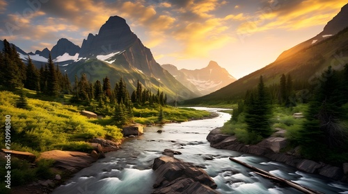 Panoramic view of the mountain river in the Canadian Rockies.