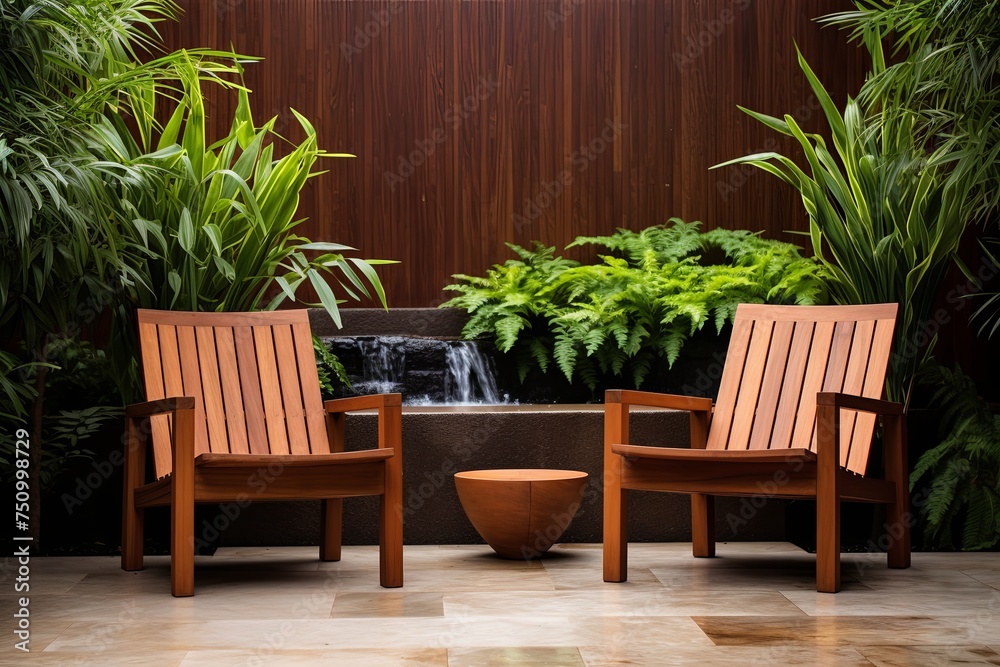 Cascading Waterfall Garden Oasis with Wooden Seating and Terracotta Pots