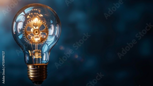 Close up of light bulb with gear mechanism inside isolated on dark blue background