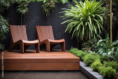Minimalist Garden Oasis: Cascading Waterfall, Terracotta Pots, and Wooden Seating