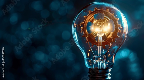 Close up of light bulb with gear mechanism inside isolated on dark blue background