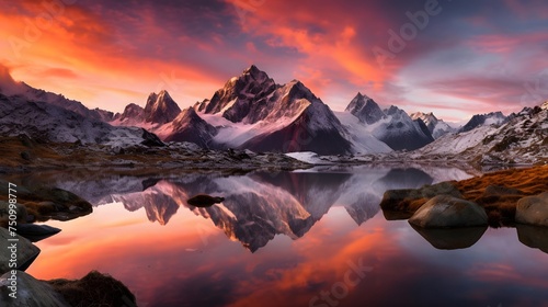 Beautiful panorama of snowy mountains at sunset and reflection in water