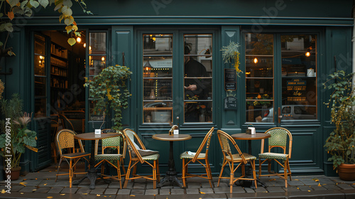 restaurant in the city, Paris coffee shop ambiance, elegant cafe, green is the main color, vintage retro style photo