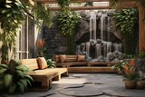 Cascading Waterfall Courtyard: Stone Benches & Green Plant Decor